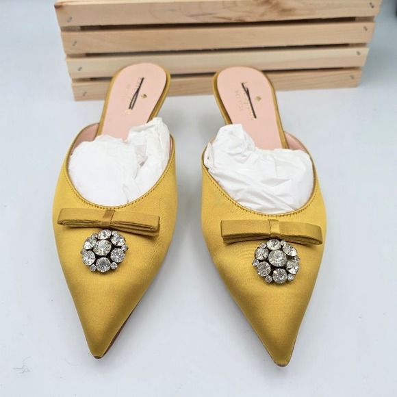 Kate Spade Darlene Mules Women 7 Yellow Satin Crystal Bow Kitten Heel Slides - Picture 3 of 6